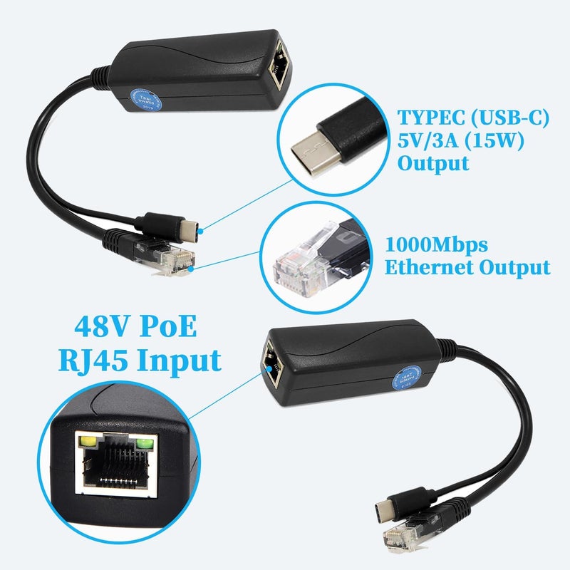 REVODATA 2.5G Type C PoE Splitter 5V/3A, 48V PoE to USB-C 5V/3A 15W Output, 2.5Gbps Ethernet Comply IEEE802.3af/at, Plug and Play for Smart Home - Image 2